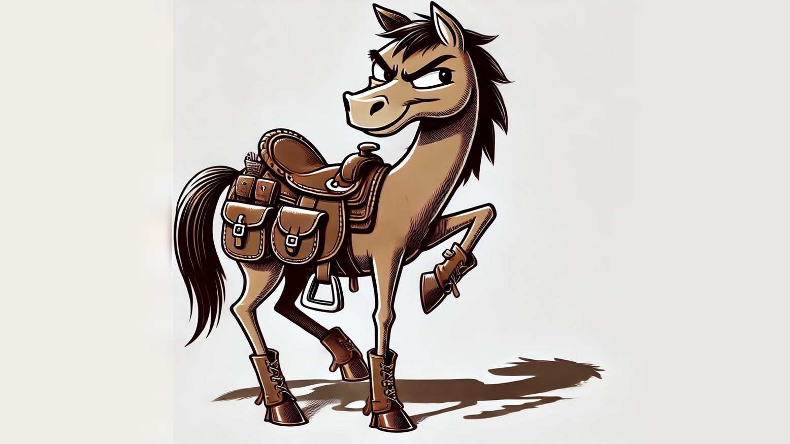 A cartoon horse in a saddle and leather boots, glancing back over its shoulder with one hind leg cocked to kick.